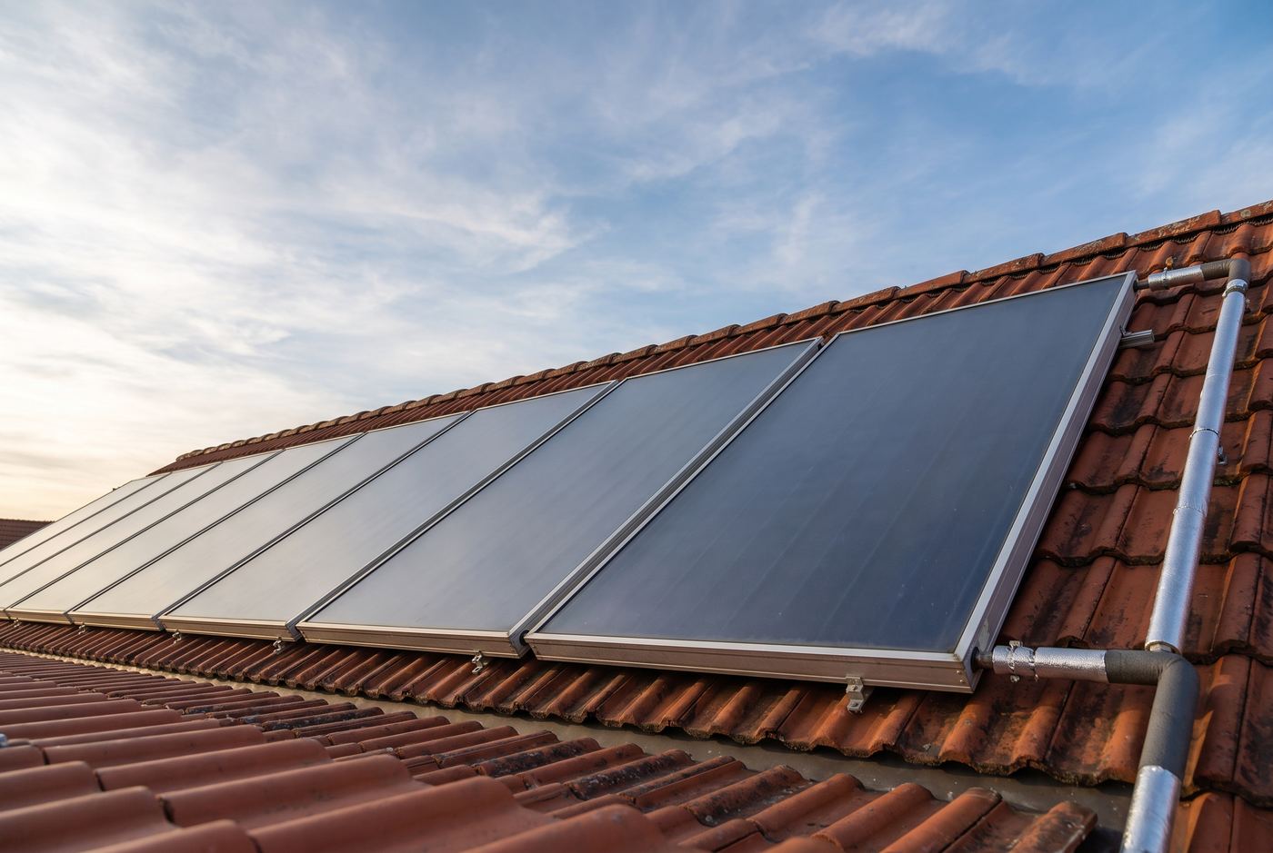 Solarthermie-Flachkollektoren auf einem Ziegeldach mit Anschlussleitungen